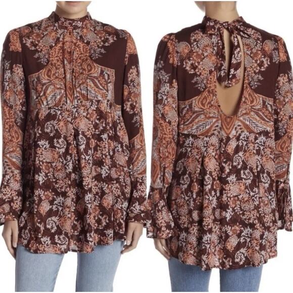 Free People Revolve Lady Luck Printed Tunic High Neck Bell Sleeve Tie Dress, XS - Picture 1 of 10
